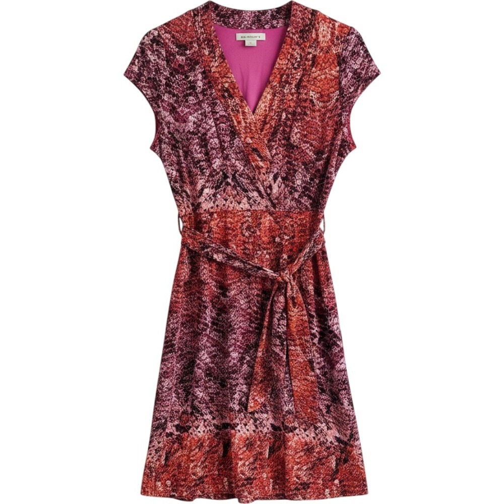 Liz Claiborne Women Dress Size Large Pink Orange Snakeskin Faux Wrap Cap Sleeve